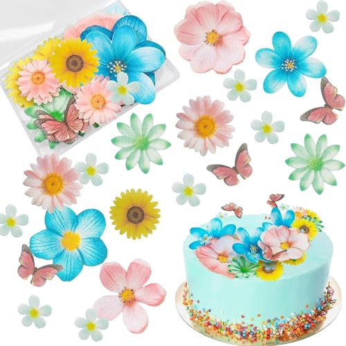 Morofme 55 Stück Essbare Blumen für Tortendeko, Essbare Cupcake Topper, Blüten Schmetterlinge Esspapier für Hochzeit, Geburtstag, Jubiläum, Thema Kuchendekoration