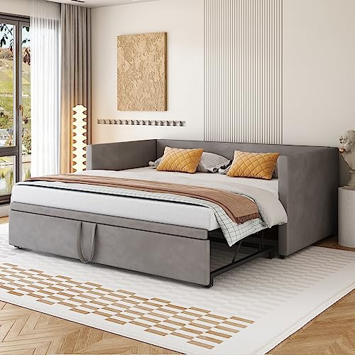 Polsterbett 90/180x200 cm, Schlafsofa Tagesbett mit Ausziehbares Rollbett, Sofabett Jugendbett mit Lattenrost aus Holz, Samtstoff Bett Bettgestell Gästebett Einzelbett/Doppelbett, Ohne Matratze, Grau