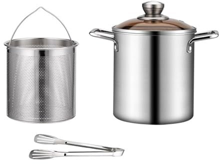 Zjyufy 3pcs Deep Fat Fryer with Strainer, Stainless Steel Deep Fryer with lid, 3L Multi-purpose Stock Fry Pot with Deep Fryer Basket& Tong for French Fries Chicken, Storing Frying Cooking Grease