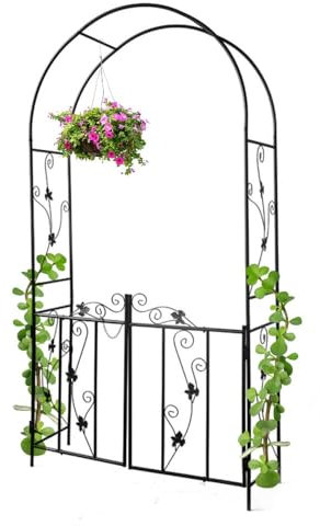 Gartenbogen mit Tor Rosenbogen Metall Rankbogen 214 cm hoch Rosenbogen für Kletterpflanzen,Rasen,Außenbereich,Balkon Freistehend Pergola