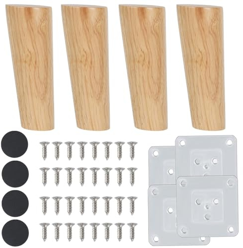 Luabue 4 Pezzi Piedini per Mobili 15 cm in Legno Gambe Oblique con Piastra di Montaggio e Viti - Tondi per Letto, Tavoli e Sedie