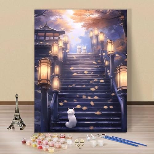 Landschaft Malen Nach Zahlen Erwachsene Bastelset, Paint by Numbers Katze Malen Nach Zahlen Anfänger, DIY Ölgemälde Leinwand Set mit 3 Set Pinsels und Farbe, Zimmer Deko 50x70 cm, Geschenk für Frauen