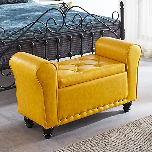 CuNtoHHH Pu-Leder Armlehnen-Stauraum-Ottomane, Zeitgenössische Rollarmlehnen-Stauraum-Bank, Moderne Getuftete Bettbank Eingangsbereich Schuhbank, Holz Sofa Hocker Fußstütze-Gelb 100x57x40cm(39x22x16i