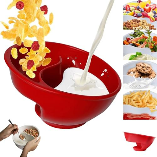 POTKFMN Never Soggy Cereal Bowl, Anti Soggy Cereal Bowls, Cereal Bowl Separate Milk, Divided Cereal Bowl with Slide, Split Cereal Bowl, Crunch Snack and Dip Bowls Plastic Cereal Bowl (Red)