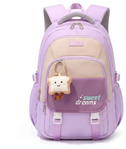 Amythe Schulrucksack Teenager - Schulranzen Mädchen ab 5. Klasse, Lila | 30L Großer, Leichter Rucksack für Mittel- und Oberstufe, Lässiger Kinderrucksack mit Süßem Anhänger und Trolleyband