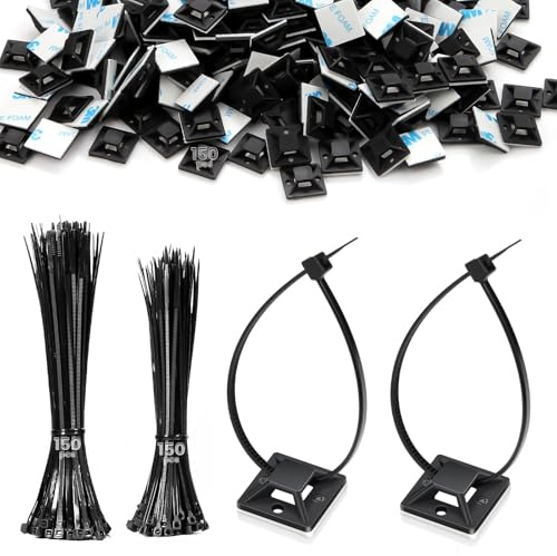 300 Stück Kabelbinder Schwarz Set 120MM/150MM und 150 Stück Kabelbinder Halter Nylon Klebesockel für Selbstklebende Kabelhalter Klebepads UV-beständiges für Kabelbefestigung