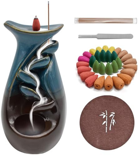 Yiomxhi Bruciatore Incenso Riflusso di Ceramica, Porta Incenso di Flusso Inverso a Cascata con 30 Coni e 20 Bastoncini di Incenso, Fontana Brucia Incenso per Decorazione Casa