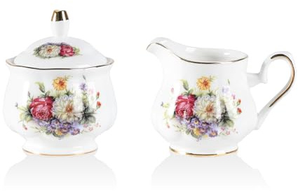 Sweejar Home Royal Ceramic Sugar and Creamer Set, 3 Piece Set with Cream Pitcher, Sugar Bowl, Sugar Set with Lid & Spoon, Coffee Serving Set Wedding Gift (Flower Style)