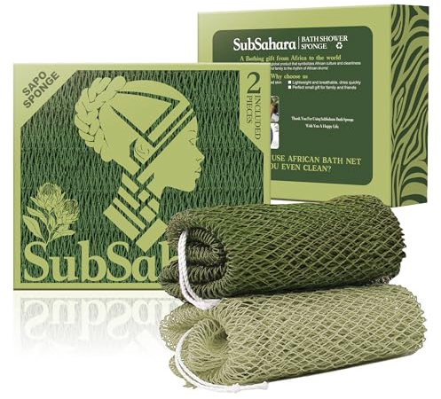 SubSahara Authentic African Net Sponge - 2 Pack Exfoliating Bath & Shower Loofah Sponge for Body & Face, Gentle Scrubber for All Skin Types, Travel, Durable Polyester (Olive Green & Light Green)