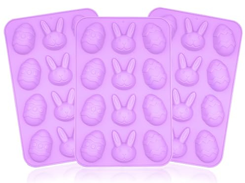 HOVUK 3 moldes de chocolate de Pascua lila grandes, bandeja antiadherente con forma de conejo de huevo de 22,5 cm, 12 agujeros, moldes de silicona para hacer gelatina de chocolate caliente