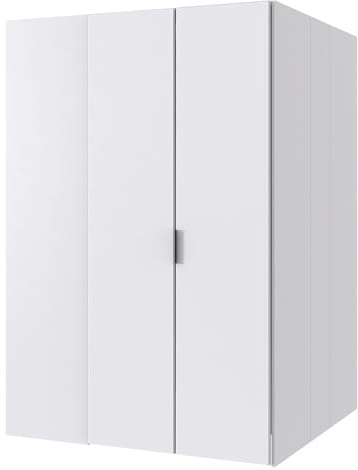 Lomadox Jugendzimmer-Eckkleiderschrank 135x127 cm in weiß, begehbar, Kleiderstange, Einlegeböden, Spiegel