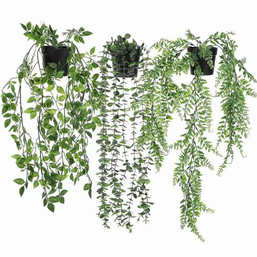 3 Pack Artificial Hanging Plants, Fake Ivy Potted Plant Outdoor Artificial Trailing Fake Ivy Vines Decor Faux Hanging Plant with Pot Greenery for Home Decor Garden Wall Indoor
