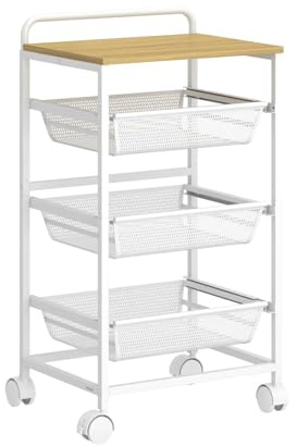 VASAGLE Carrito de Almacenaje de 4 Niveles, con Cestas Extraíbles, Estante de Cocina con Ruedas y Asa, 31,7 x 40 x 76 cm, Roble Dorado y Blanco Mate LRC040Y01