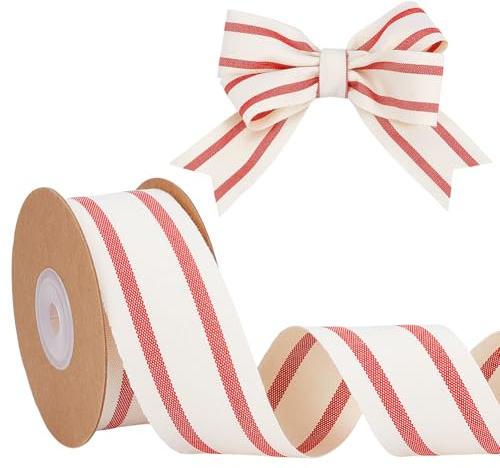 BENECREAT Ruban en Coton à Rayures Rouges de 9.14 m Ruban en Coton Rayé Rouge et Blanc de 38mm pour Emballage Cadeau de Mariage Décoration D'Intérieur Couture