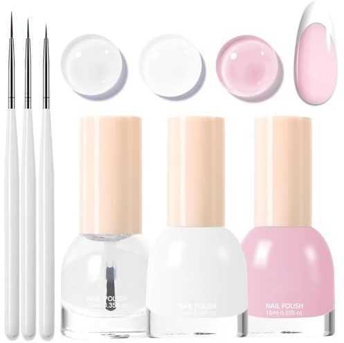 French Manicure Nail Polish Kit, Quick Dry French Nail Varnish Set with Top Coat and 3Pcs Ultra Thin Nail Art Pen, Jelly Pink and White Nail Gel for Women Girls Nail Art at Home - No Need Bake