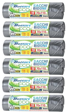 Bottari 60 Sacchi Immondizia 110L 70x110 cm con Laccetti di Chiusura, Grigio, Raccolta Differenziata Secco, Sacchi per Spazzatura Resistenti e Riciclati, 6 Rotoli da 10 Pezzi