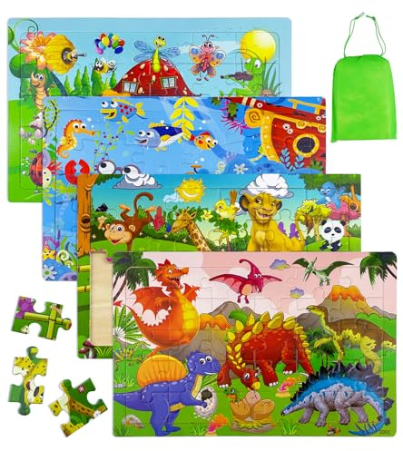 4 Stück Holzpuzzle Kinder, 30-Pcs Kinderpuzzle Montessori Spiel für Toddler, Holzspielzeug Tiere Dinosaurs Puzzles Lernspielzeug Geschenk für Jungen und Mädchen ab 3 4 5 6 Jahre