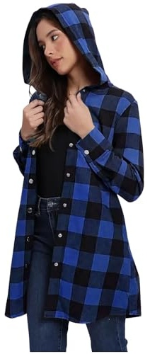 GOHRSHA Women Lightweight Plaid Jacket Hooded Loose Casual Long Button Down Flannel Shirts with Pockets Fall Fashion Shackets Winter Coats for Women