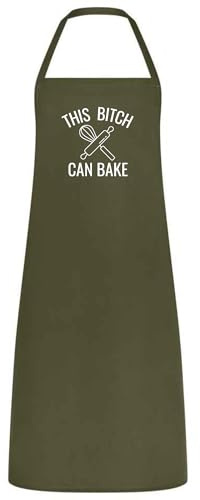 Be Buz Delantal de cocina con texto en inglés This Bitch Can Bake para mujer, multicolor, regalo atrevido para panaderos, cumpleaños, Navidad, cocina, verde oliva oscuro, Taille unique