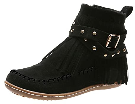 2026 Botines Mujer Color Plano Botines Zapatos Borlas Ante Retro Mujeres Dedos Cremallera Sólido Corto Redondo Botas de Mujer, Negro , 41 EU