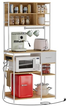 EGGREE Étagère de Cuisine avec Prises Électriques 40 x 80 x 181,6 cm, Rangement Réglable Étagère à Pâtisserie, Tiroir en Tissu, 10 Crochets, Stockage de Cuisine, Texture en Bois - Blanc