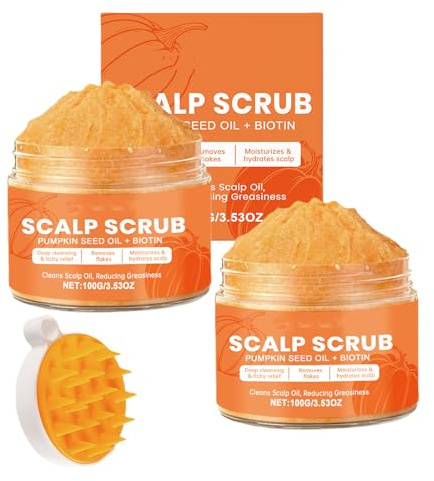 Gommage pour le cuir chevelu à l'huile de pépins de courge et à la biotine, exfoliant avec brosse de massage douce pour cuir chevelu gras, squameux ou irrité. Nettoyage en profondeur (2pcs)