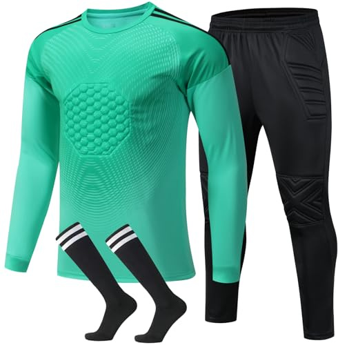 ZIQICAI2007 kids goalie jersey Soccer Goalie Shirt pants, Padded Goalkeeper Jersey, youth Long Sleeve Football Padded (Green, 9-10Years)