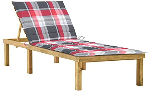 Frdhee Tumbona ergonómica, silla de jardín, sillón de relax, tumbona de relax, tumbona con diseño de cuadros rojos, pino impregnado para terraza, camping, viajes, estable