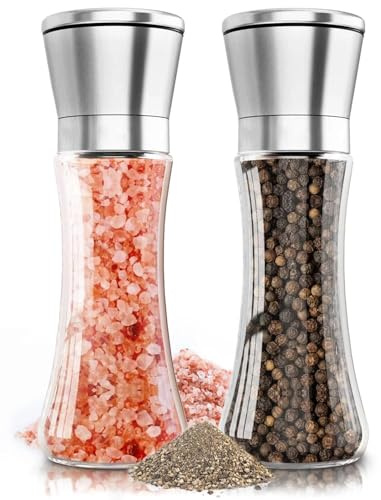 Salt and Pepper Grinder Set- GiftGem Adjustable Coarseness Coarse, Tall Glass Salt and Pepper Shakers, Kitchen Set, Kitchen Essentials （ Without Spice Content ）