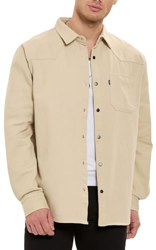 by Spruce Overshirt, långärmad skjortjacka med tryckknappar och bröstficka, avslappnad skjorta för fritid, övergång, Beige, L