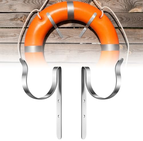 Hicarer 2 Pcs Stainless Steel Life Ring J-Hooks Life Preserver Ring Bracket Buoy Holder Corrosion Resistant on Boat, Fence or Dock for Marine Pool Cabin Beach Safety Emergency Access