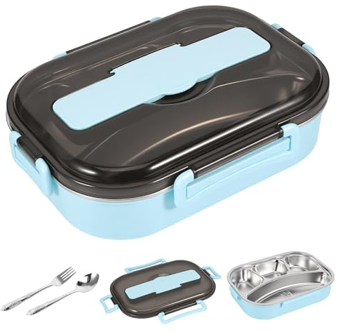 Stainless Steel Lunch Box, 1.3L Bento Box with 4 Compartments,Spoon Fork