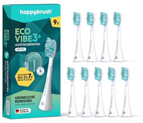 happybrush® Nachhaltige Aufsteckbürsten für elektrische Schall-Zahnbürste Eco VIBE 3 - Weiß/Mint - 9 Stück