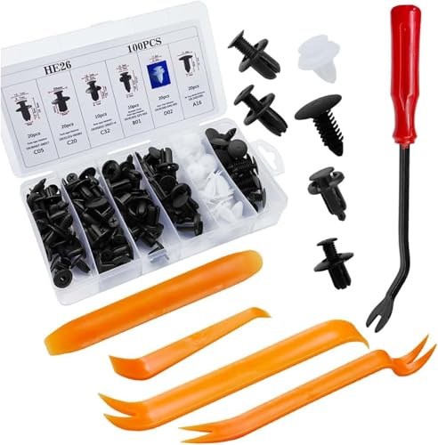 JINGMU 100 Piezas Juego de Grapas y Remaches Plástico para Nissan Juke 2019-2024, 6 Tamaños Clips de Fijación para Coche, Remaches Plastico Coche, Tornillos de Plastico