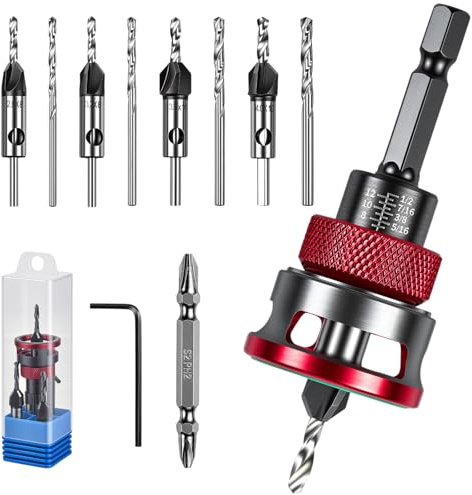 12PCS Countersink Drill Bit Set, 4PCS Four-Flute Alloy Tapered Drill Bits and Adjustable Depth Stop Collar, Counter sink Bits for Wood with Wrench for 82 Degree Woodworking, Plywood and MDF DIY