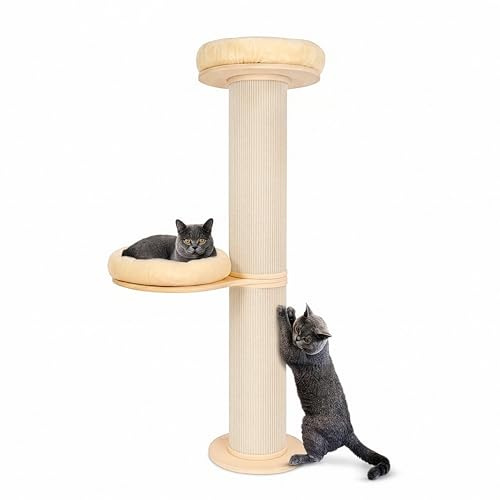 PET VIOLET Kratzbaum 126 cm – Katzenbaum mit Premium Sisal Säulen, Beige | 2 Premium Liegekissen abnehmbar & waschbar, Wandmontagezubehör inkl., Katzenkratzbaum stabil und platzsparend für Zuhause