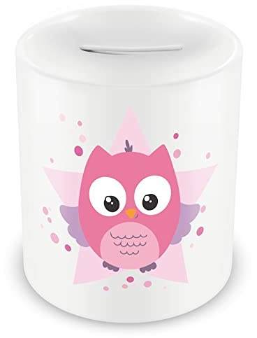 Samunshi® Kinder Spardose mit dem Motiv Rosa Baby Eule Tier - Jungen und Mädchen Sparschwein Sparbüchse 330ml weiß