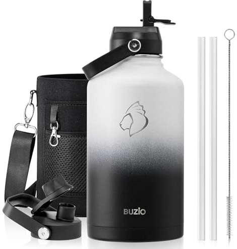 BUZIO Botella isotérmica 2L acero inoxidable, tapa con pajita y boquilla | Gran termo metálico, mantiene frío 48h y calor 24h. A prueba de fugas, sin BPA, ideal para gimnasio, viajes y deportes