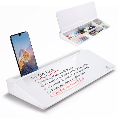 TSJ OFFICE Small Desktop Whiteboard -Glass Dry Erase Board Computer Keyboard Stand White Board Surface Pad with Drawer, Desk Organizers with Accessories for Office, Home, School Supplies - White