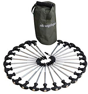 MK-Angelsport 24+1er Pack - T-Pegs Zeltheringe inkl. Tasche und T-Peg Puller für alle Campingzelte und Bivvy – 20cm lang Heringe für Angelzelte
