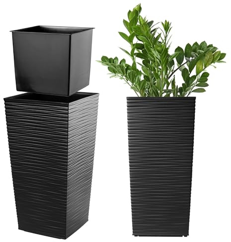 KADAX Pflanzkübel mit Innentopf, Höhe 36.5cm, 18x18cm, ca. 6L – Schwarz, Frostsicherer Blumentopf für Innen & Außen, Garten, Balkon & Terrasse, UV-beständig, wetterfest