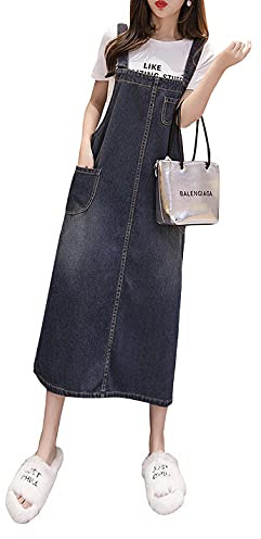 COWOKA Women's Denim Strap Dress Large Size Loose Casual Solid Color Mid-Length Skirt Blue S