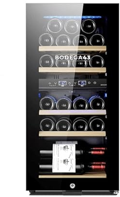 Piccola cantinetta frigo BODEGA43-22 - Cantinetta frigo doppia zona, Capacità 22 bottiglie, 5-20 °C, 60 litri, Bassa rumorosità, Cinque cassetti in legno, Compressore con ventola di raffreddamento.