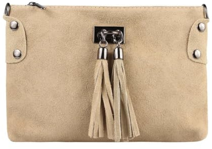 ITALYSHOP24 Made in Italy Damen Leder Clutch Tasche Wildleder Handtasche Umhängetasche Ledertasche Schultertasche Beuteltasche Fransen Cross-Over (Helltaupe), ca.: 24x16 (BxH)