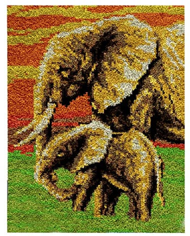 Mother Elephant and Calf​​ Latch Hook Kit 50x38cm, Complete DIY Rug Making Craft Kits with Yarn & Canvas and Crochet Needle, Adult Craft Kits for Women, Latch Hook Rug Relaxing Home Art Project