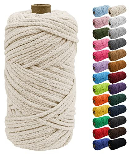 Uiopa Corda macramè da 5 mm x 90 m, spessa corda macramè in cotone intrecciato a 8 fili, corda in cotone naturale per appendere piante, appendere alla parete, acchiappasogni, giardino, progetti fai da