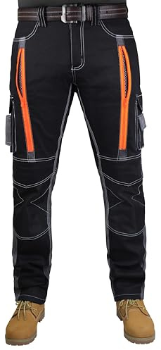 RAK SPORTSWEAR Mens Work Trousers Cargo Trousers Work Pants Multi Pockets Knee Pad Cordura Pockets Workwear (BLACK2, 32W X 30L)