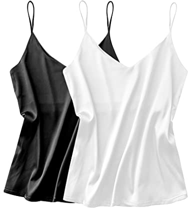 Ekouaer 2 Stück Damen Satin Tank Top Trägertop Seide Unterhemden Cami Camisole Spaghettiträger V-Ausschnitt Basic Tanks Verstellbarer Strap S-XXL
