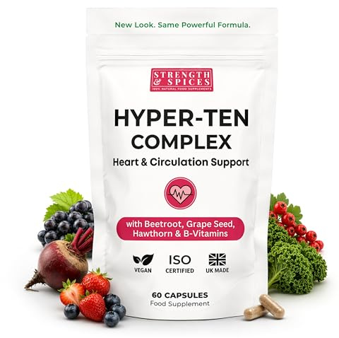 Strength & Spices Blood Pressure Aid Capsules – 17 Natural Ingredients incl. Beetroot, Hawthorn & Grape Seed – with Vitamin B1 & Magnesium – UK Made, Vegan, ISO Certified, 60 Capsules Refill