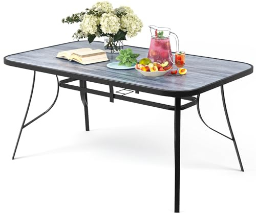 The Fellie Garden Table Patio Table with Parasol Hole Wood Grain Tempered Glass Top Outdoor Dining Table Rectangle Bistro Table